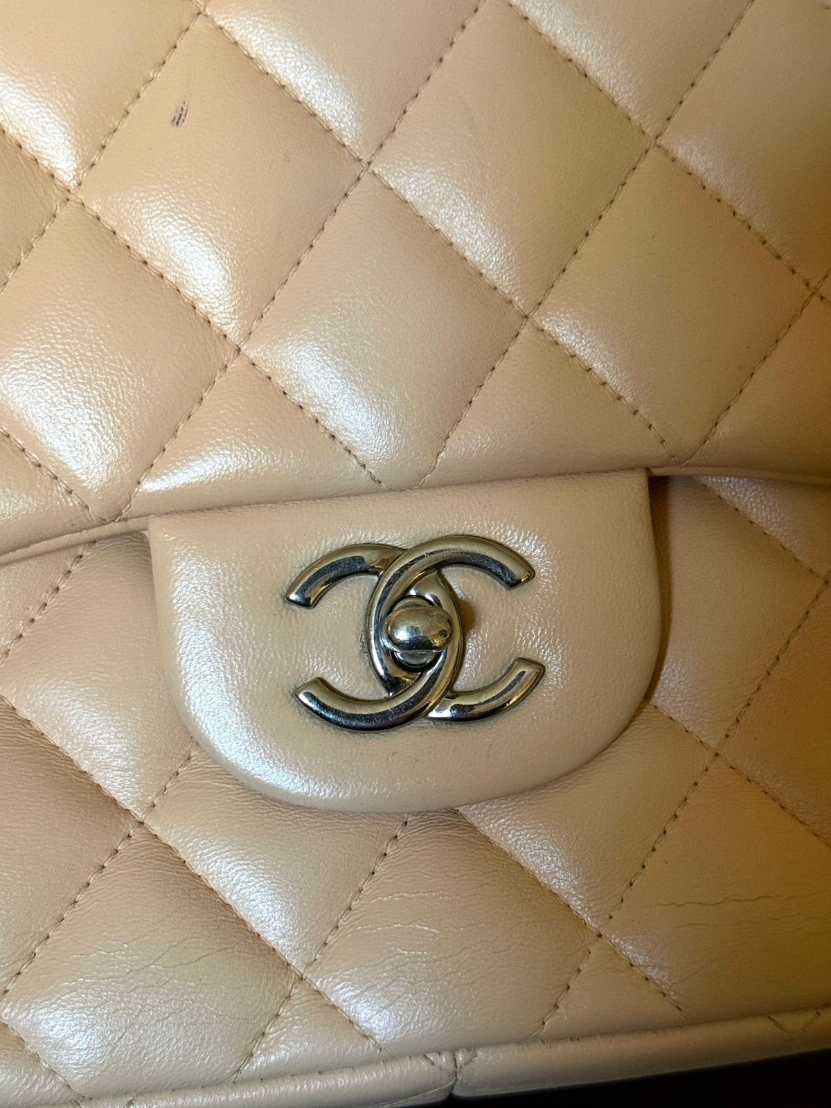 Chanel Beige Clair Quilted Double Flap Lambskin Jumbo Bag (14th Series)