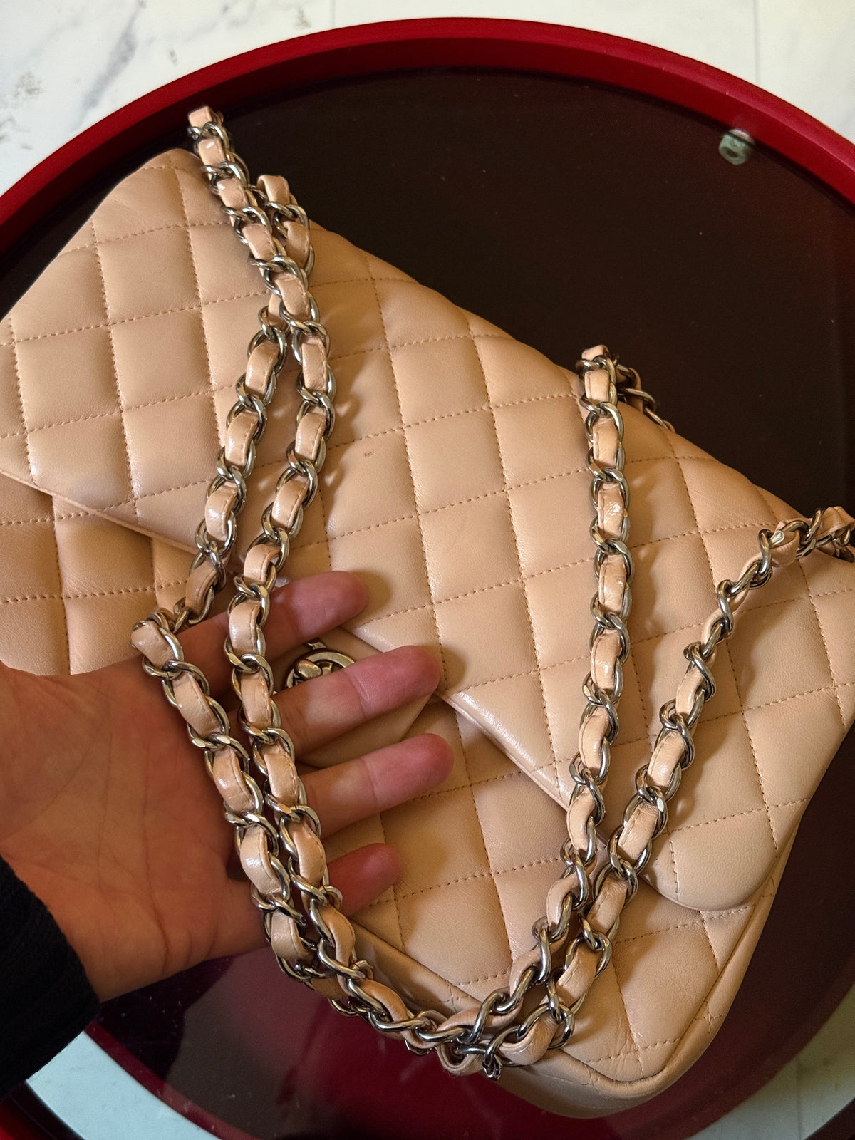 Chanel Beige Clair Quilted Double Flap Lambskin Jumbo Bag (14th Series)