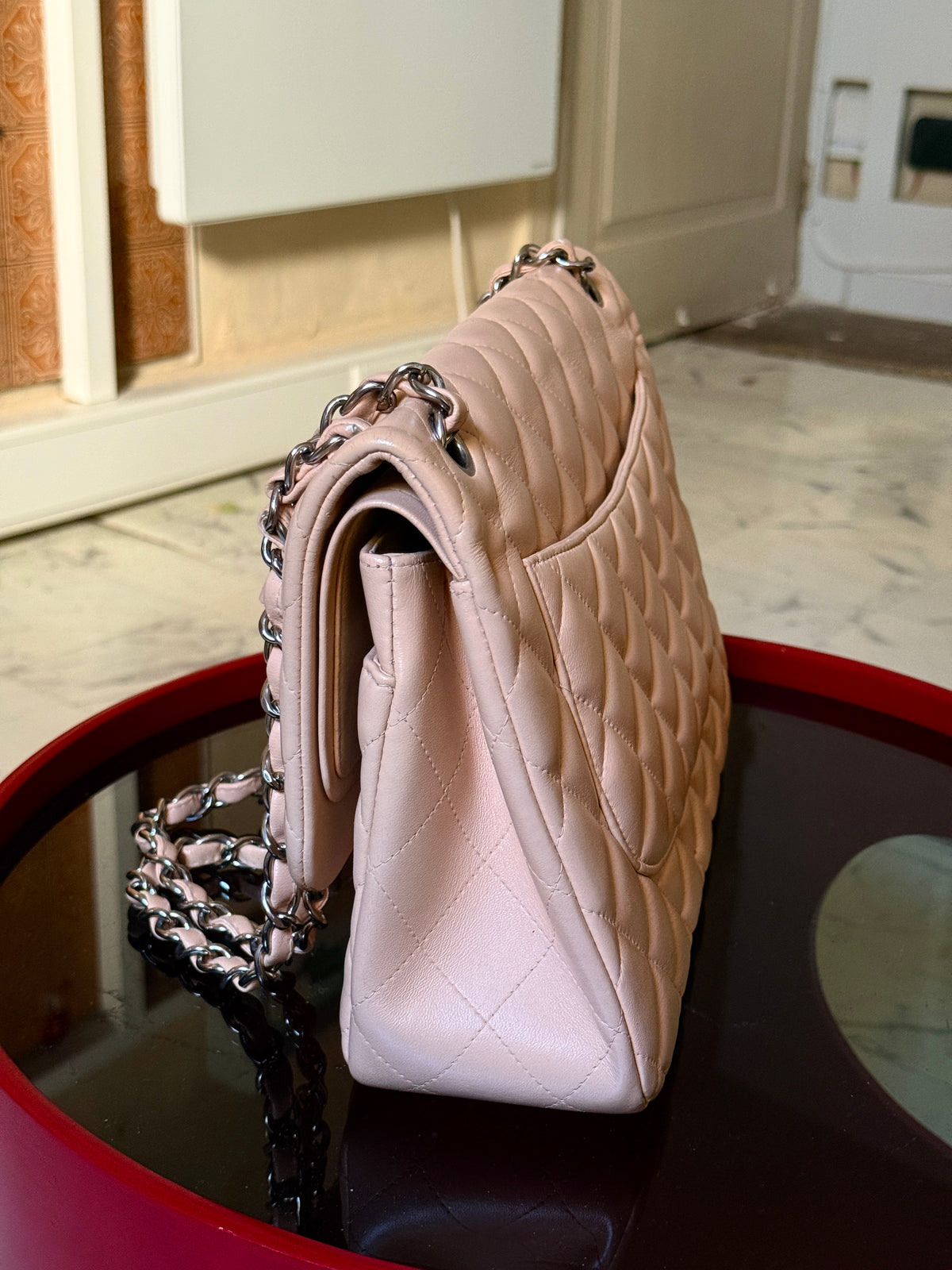 Chanel Beige Clair Quilted Double Flap Lambskin Jumbo Bag (14th Series)