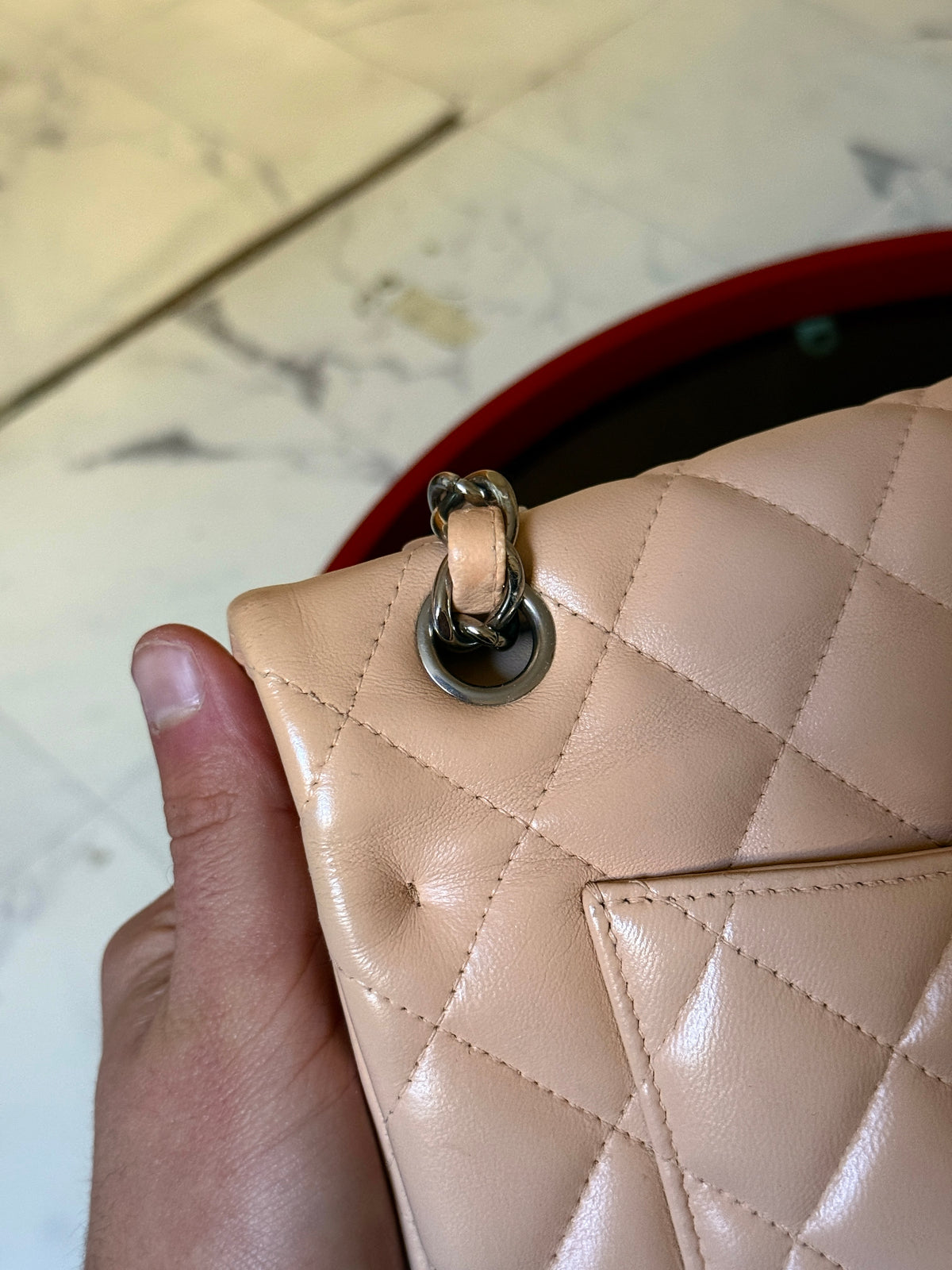 Chanel Beige Clair Quilted Double Flap Lambskin Jumbo Bag (14th Series)