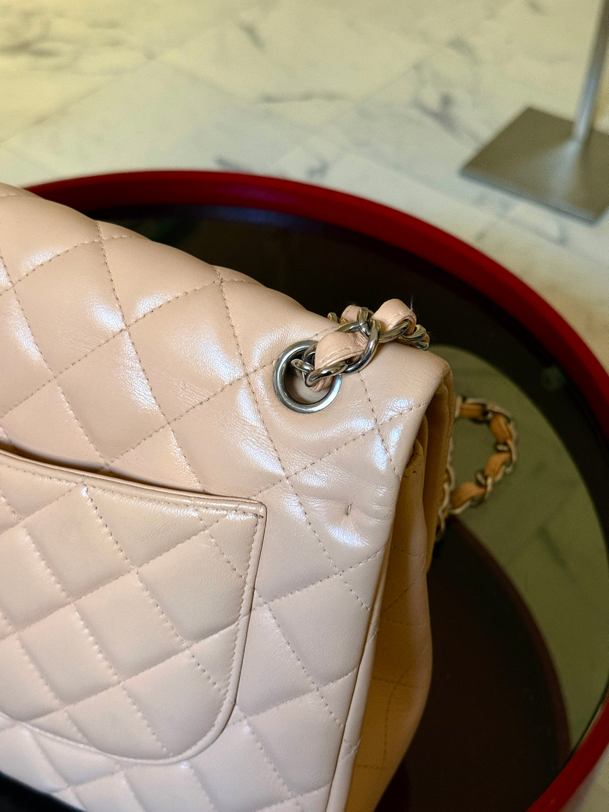 Chanel Beige Clair Quilted Double Flap Lambskin Jumbo Bag (14th Series)