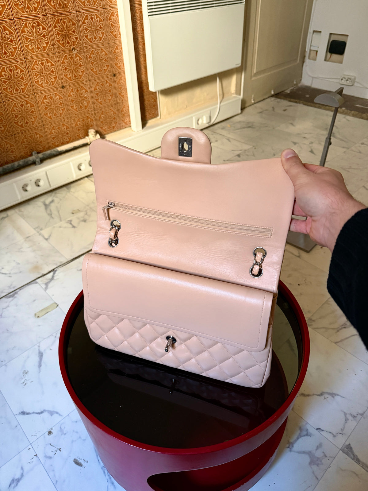 Chanel Beige Clair Quilted Double Flap Lambskin Jumbo Bag (14th Series)