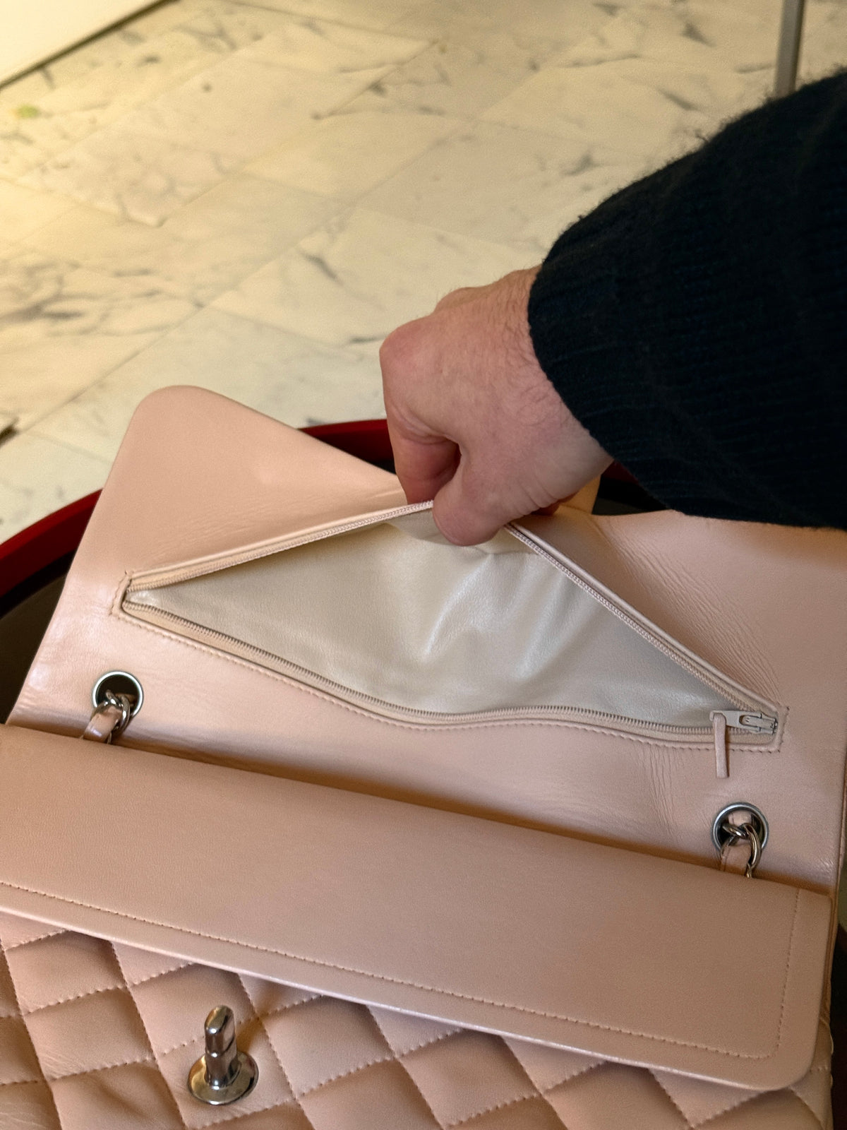 Chanel Beige Clair Quilted Double Flap Lambskin Jumbo Bag (14th Series)