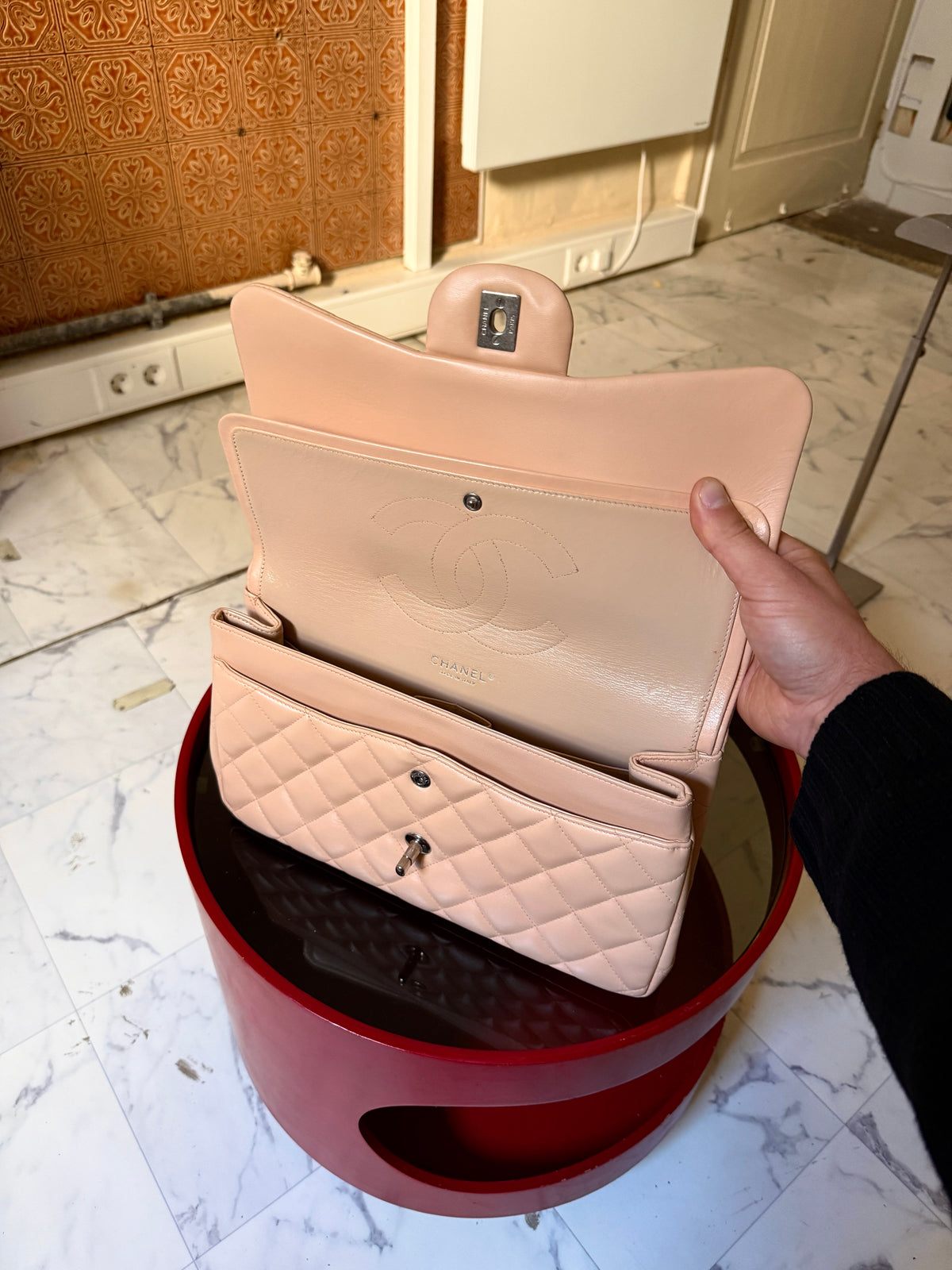 Chanel Beige Clair Quilted Double Flap Lambskin Jumbo Bag (14th Series)