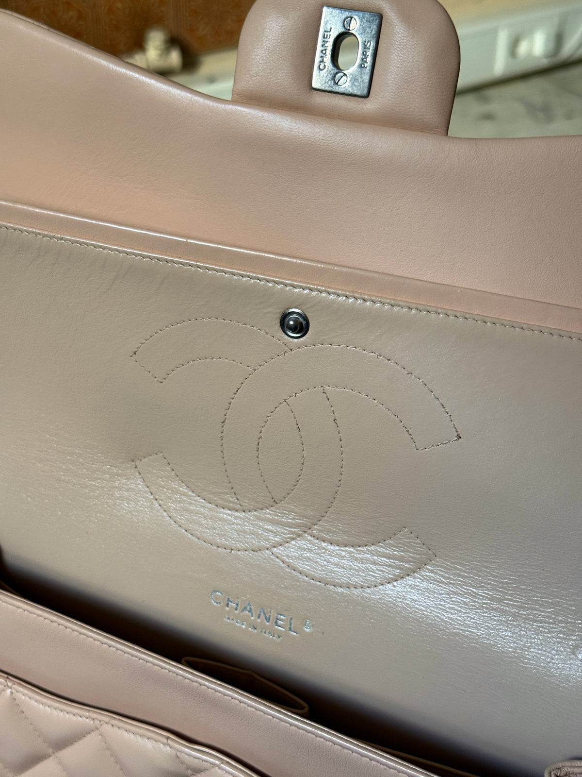 Chanel Beige Clair Quilted Double Flap Lambskin Jumbo Bag (14th Series)