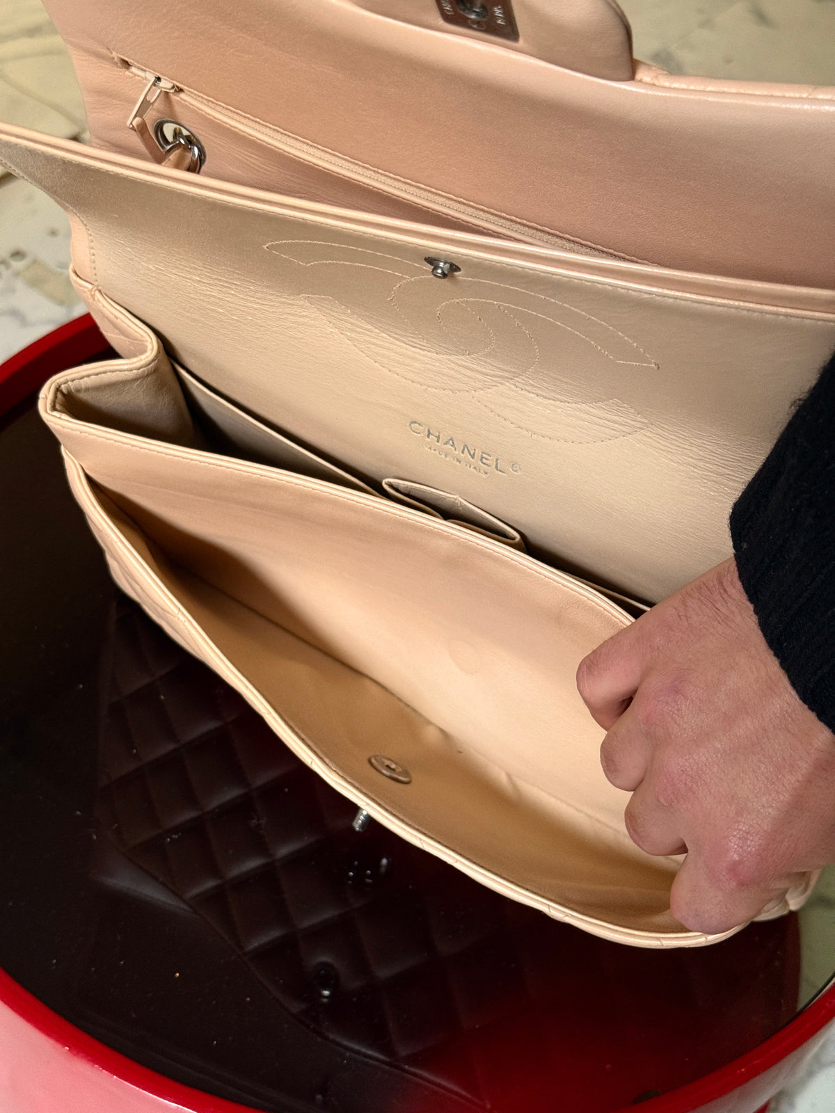 Chanel Beige Clair Quilted Double Flap Lambskin Jumbo Bag (14th Series)