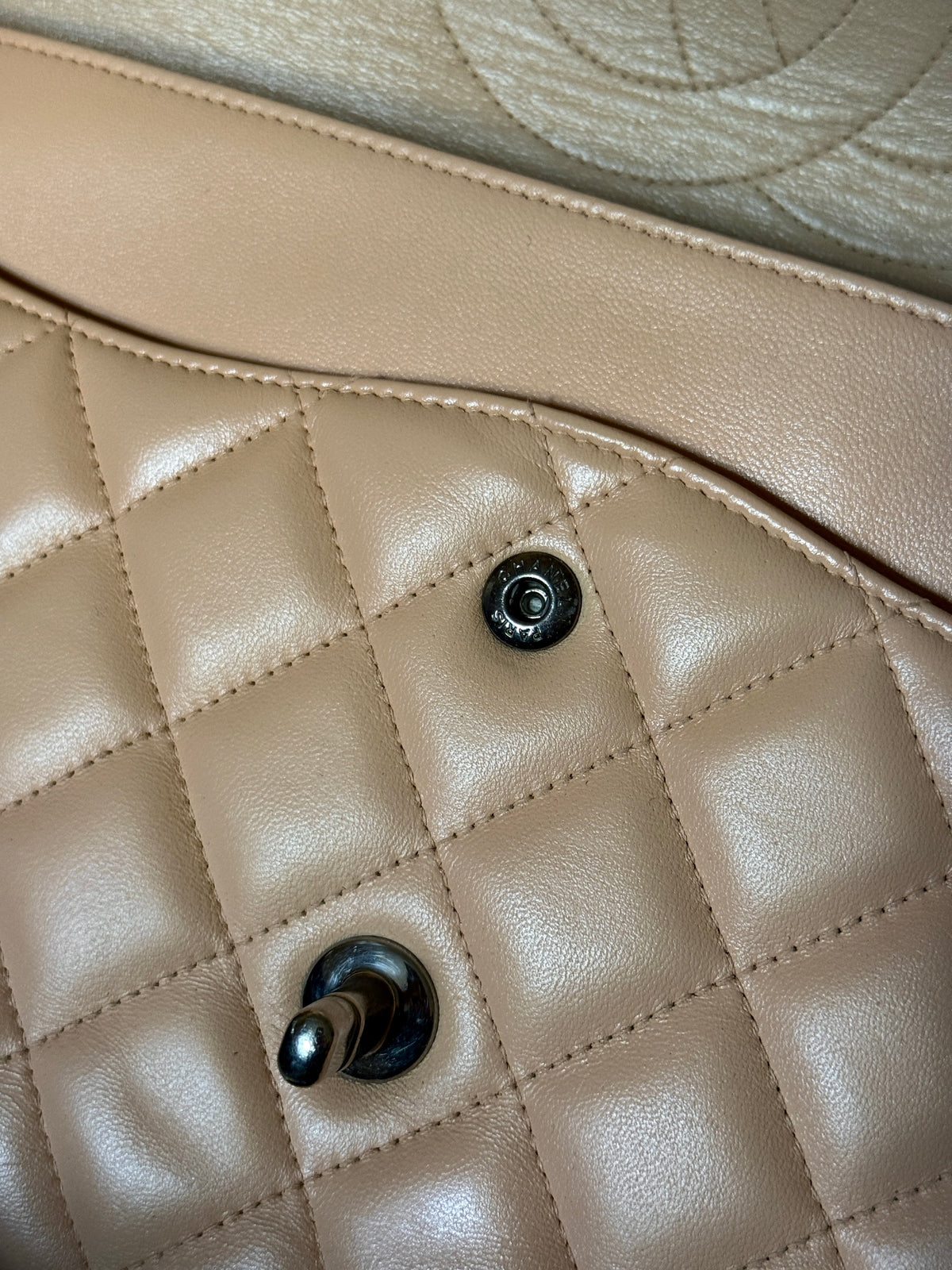 Chanel Beige Clair Quilted Double Flap Lambskin Jumbo Bag (14th Series)