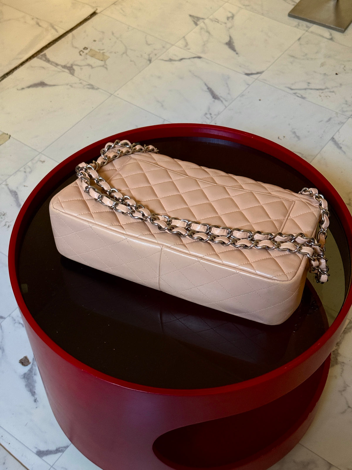 Chanel Beige Clair Quilted Double Flap Lambskin Jumbo Bag (14th Series)