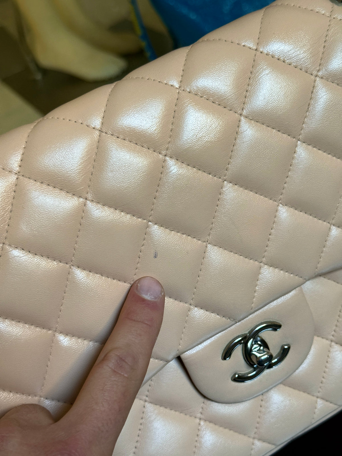 Chanel Beige Clair Quilted Double Flap Lambskin Jumbo Bag (14th Series)