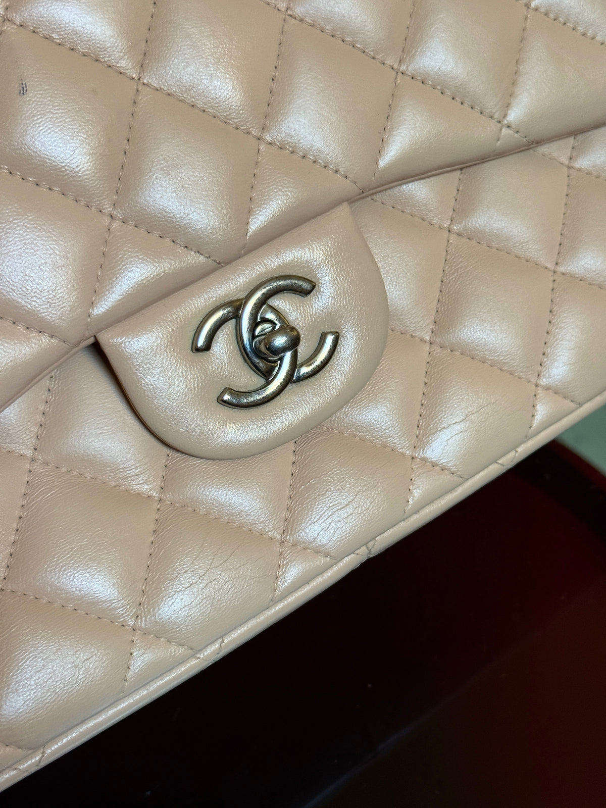 Chanel Beige Clair Quilted Double Flap Lambskin Jumbo Bag (14th Series)