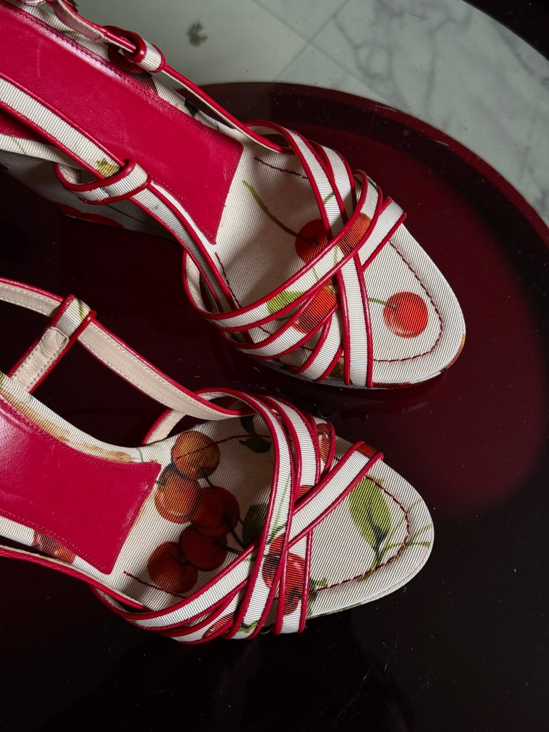 Dolce & Gabbana Cherry Floral Print High Heel Wedges - EU 39 - Fomeaux | Curated Vintage & Designer Bags