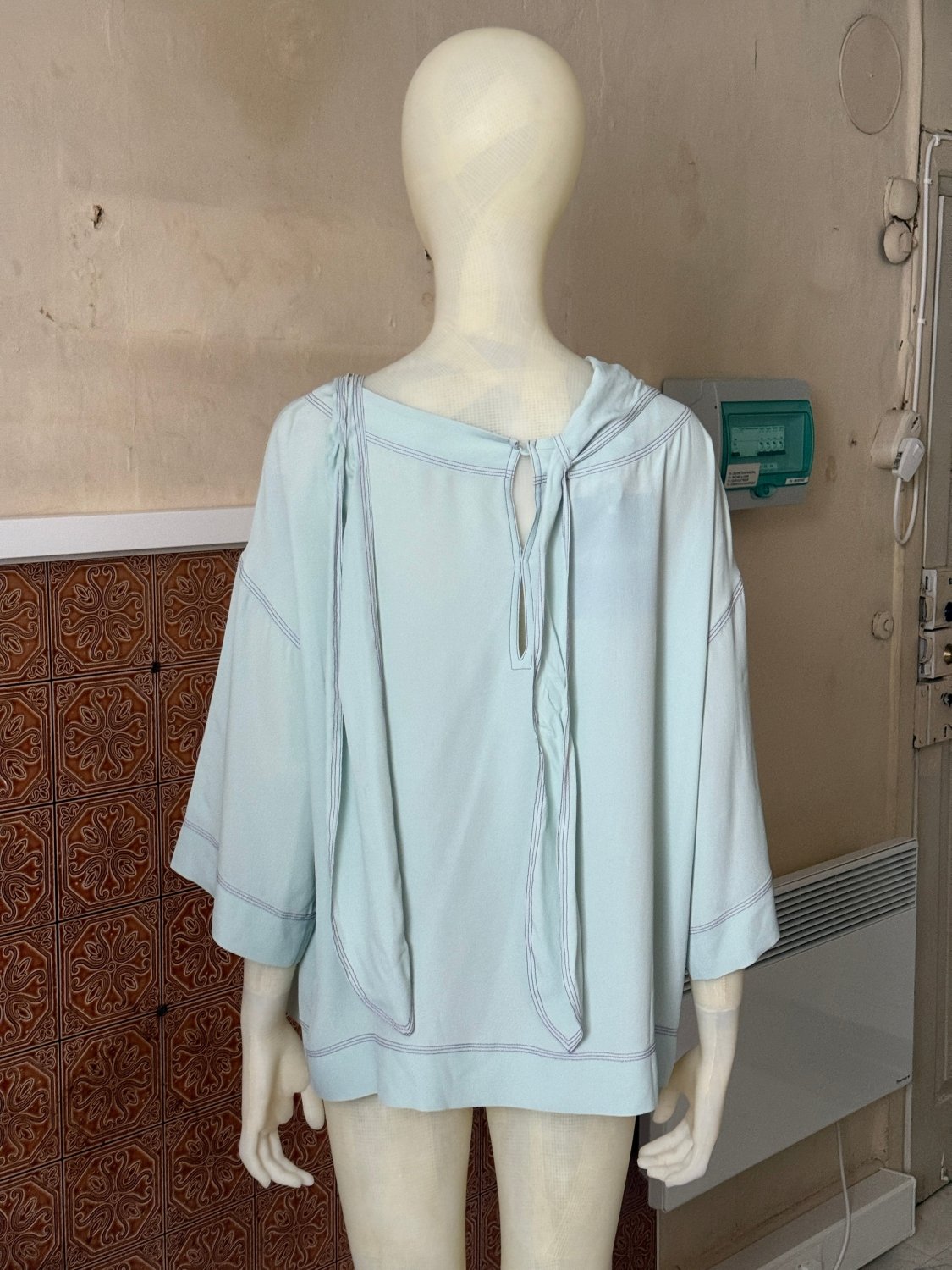 Marni Turquoise Silk-Blend Oversized Blouse with Detachable Scarf - L - Fomeaux | Curated Vintage & Designer Bags